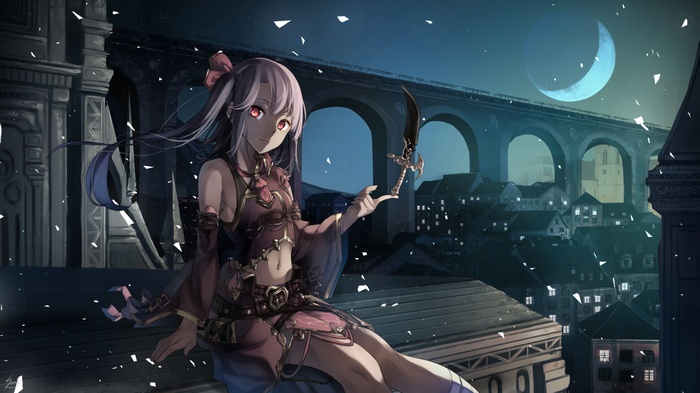 Anime girl with white hair and red eyes holding a dagger on rooftops