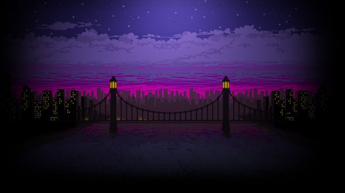 Pixel art bridge over water at night