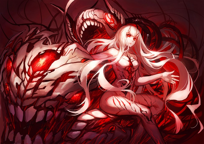 Woman with white hair and red eyes with a monster