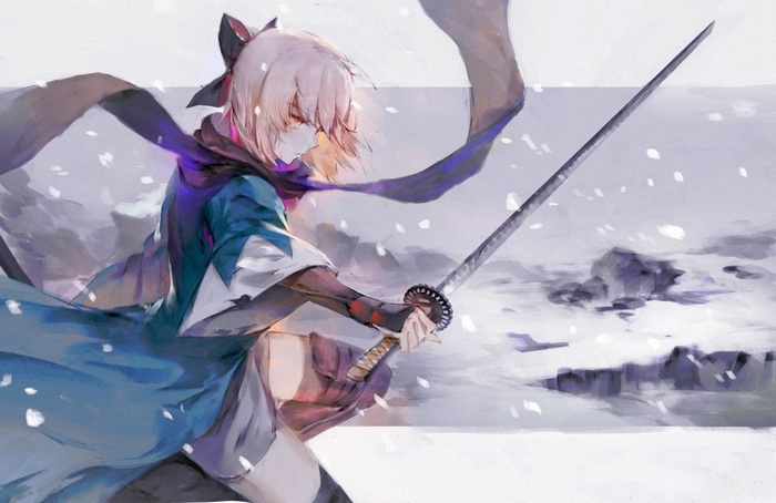 weapon, sword, katana, Saber, snow, scarf, orange eyes, Sakura Saber ...