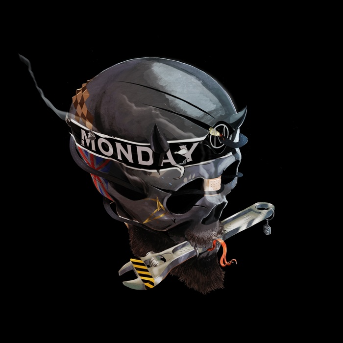 Skull with 'Monday' headband and wrench