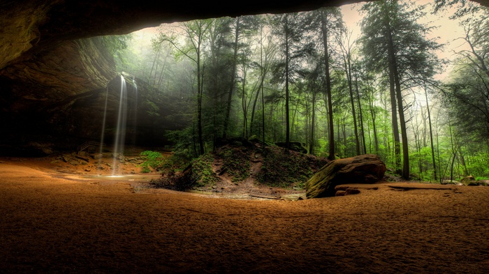 Waterfall inside a cave in Ohio forest
