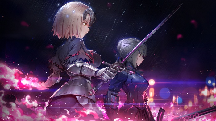 Saber gloves water armor weapon Fate Series headdress rain Jeanne darc alter Saber Alter sword short hair yellow eyes blonde