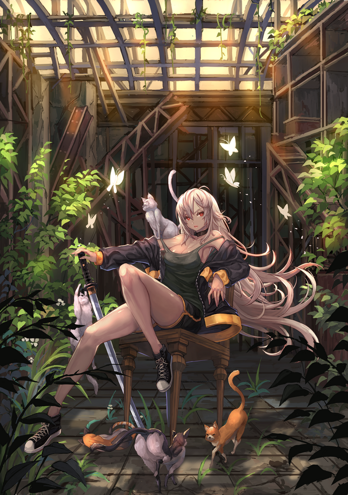 Woman with white hair and sword with cats in ruins