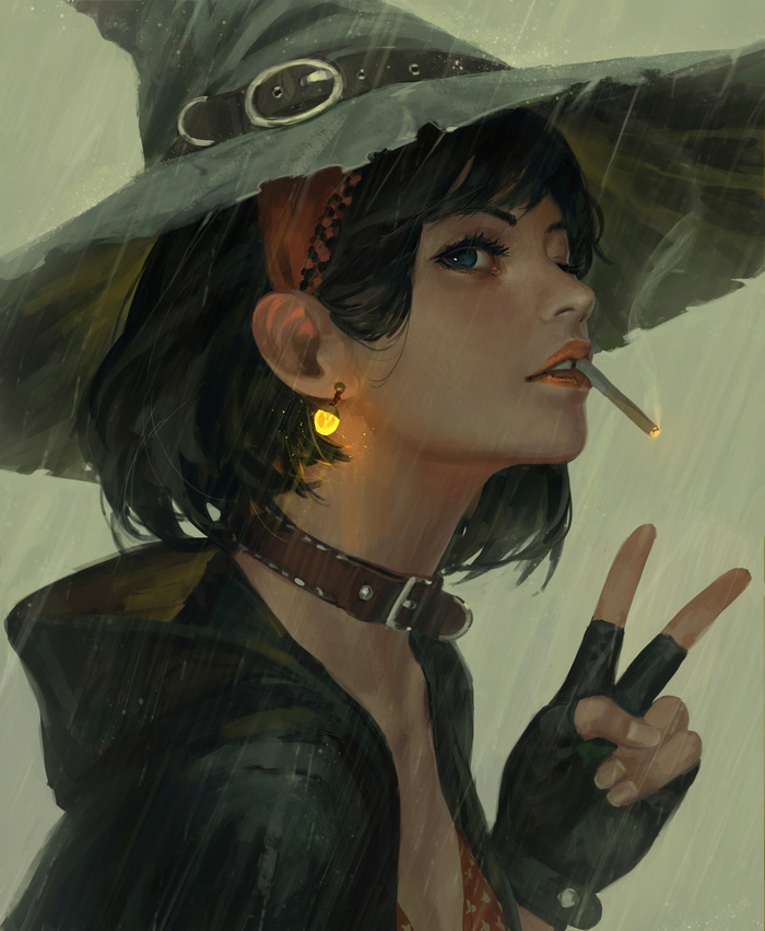 Witch smoking a cigarette in the rain