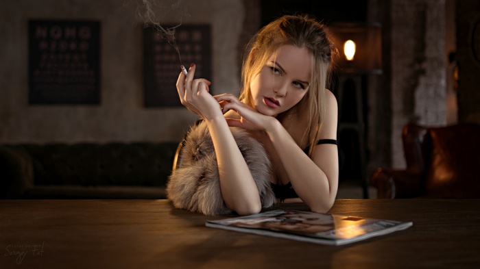 Sergey Fat, cigarettes, smoke, fur, Kristina Yakimova, women, red lipstick, red nails, table, looking away, portrait