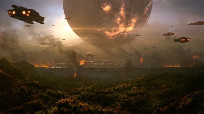 Spaceships attacking a burning city under a large celestial body