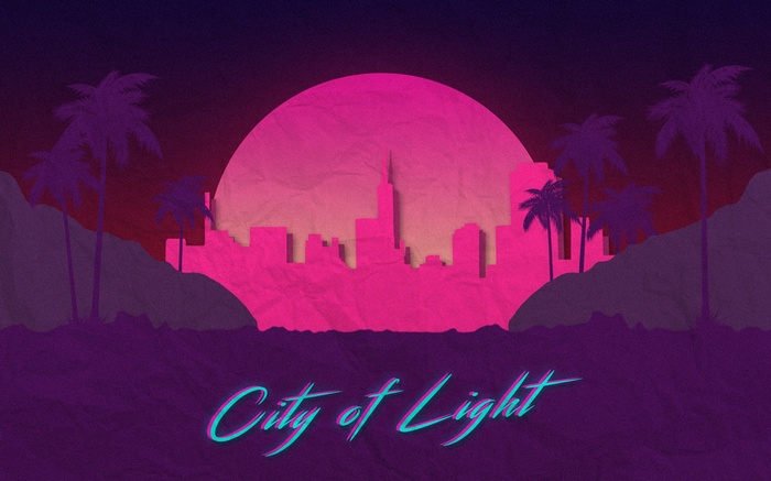 City of Light Synthwave Skyline with Palm Trees