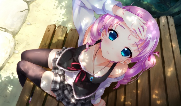 Anime girl with pink hair sitting on a wooden bench