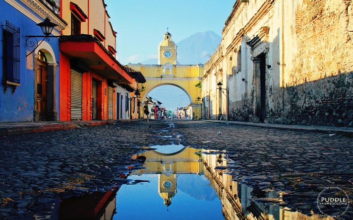 Antigua Guatemala Arch with Volcano Reflection