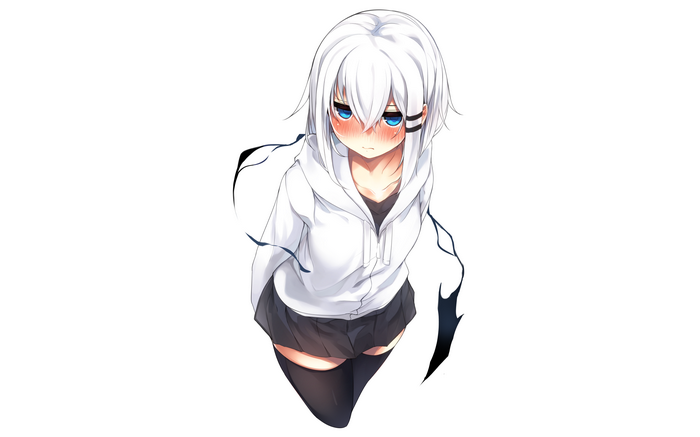 skirt, white clothing, white hair, thigh-highs, headdress, aqua eyes, hoods, short hair, ringo-chan (otokuyou), blushing