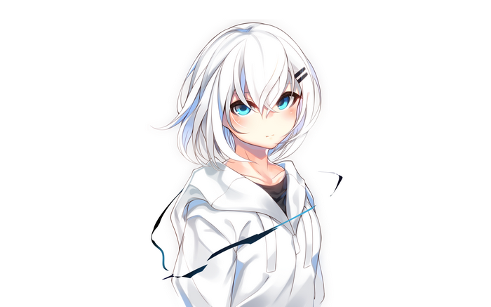 headdress, aqua eyes, closeup, short hair, ringo-chan (otokuyou), white hair, blushing, white clothing