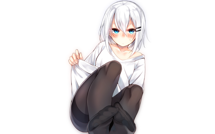 Girl with white hair and aqua eyes wearing white clothing and black pantyhose