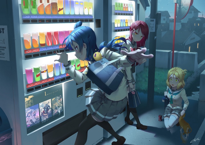 Tsushima Yoshiko, Sakurauchi Riko, and Ohara Mari from Love Live! Sunshine!! at a vending machine