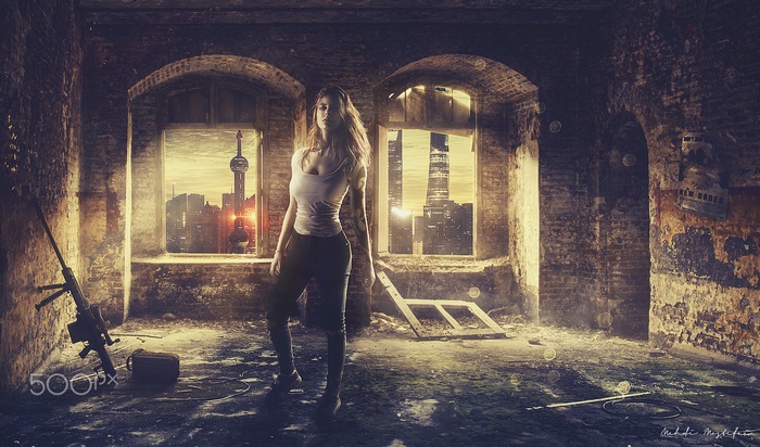 Woman with sniper rifle in abandoned building overlooking futuristic cityscape