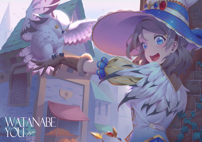 Watanabe You from Love Live! Sunshine!! as a wizard with an owl