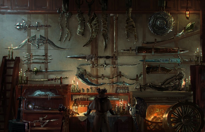 Fantasy weapons displayed in a workshop from Bloodborne
