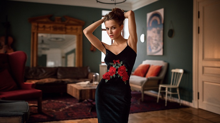 Woman in black dress with roses, Georgy Chernyadyev