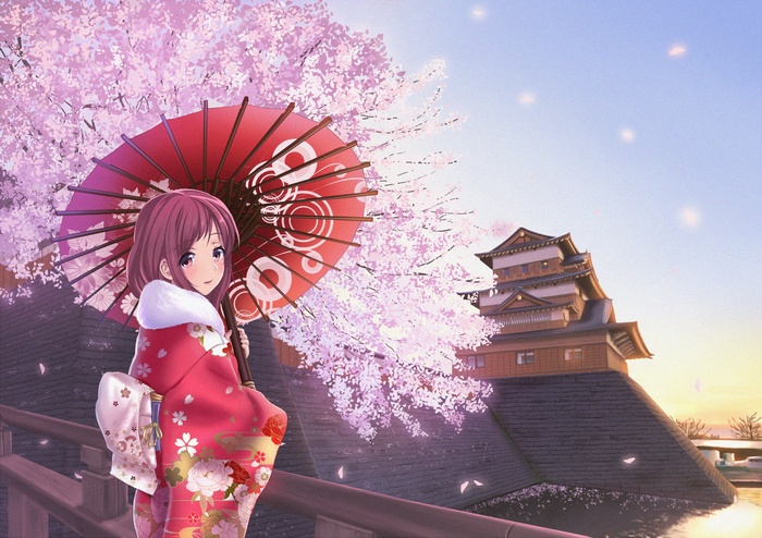 Anime girl in kimono with umbrella near cherry blossoms and castle