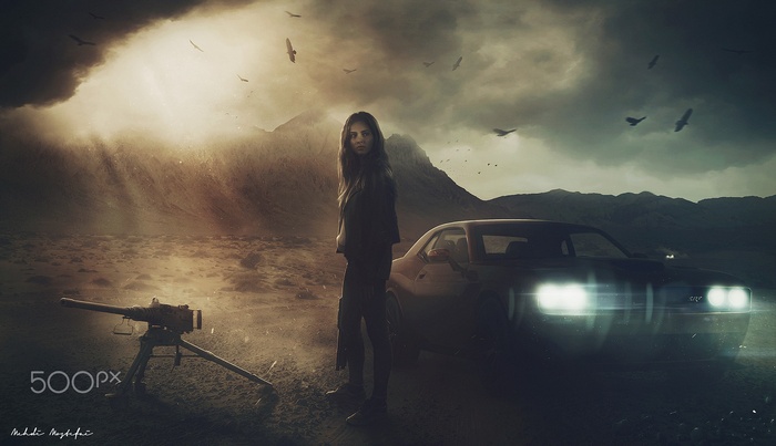 Woman with M2 Browning and car in a desolate landscape