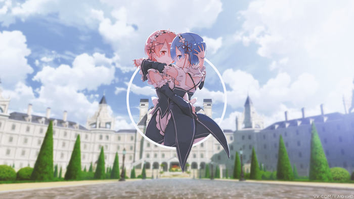 Rem and Ram from Re:Zero in front of a mansion