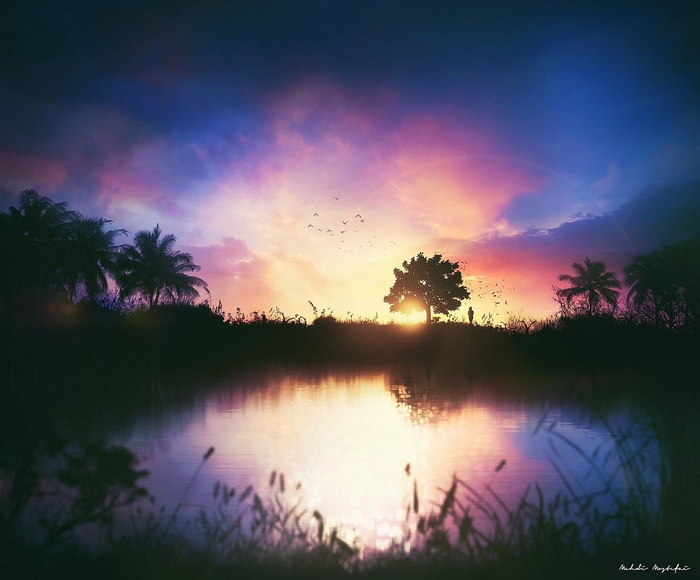 Fantasy landscape with a lone figure by a tree at sunset