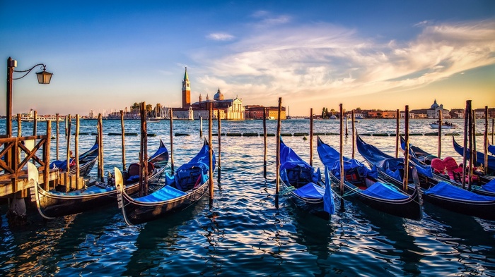 Gondolas in Venice at Sunset