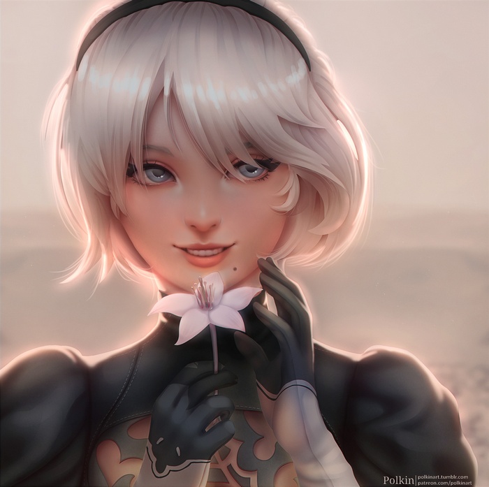 2B from NieR: Automata holding a flower