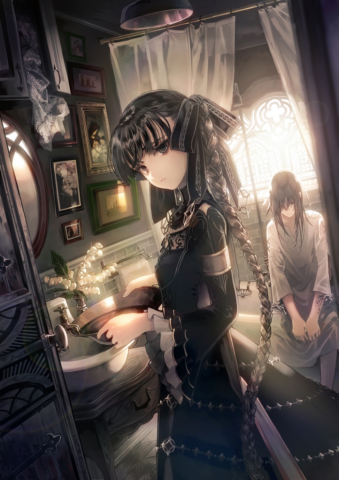 Anime girl in black dress in bathroom with another girl