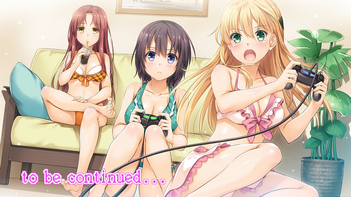 Hoshinomori Chiaki, green eyes, bikini, blond hair, gamers!, Karen Tendou, purple eyes, gameconsole, yellow eyes, anime girls