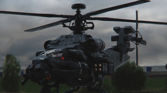 Dark military attack helicopter with missiles