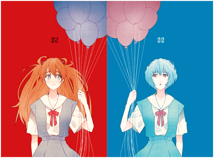 Asuka Langley Soryu and Rei Ayanami from Neon Genesis Evangelion with balloons