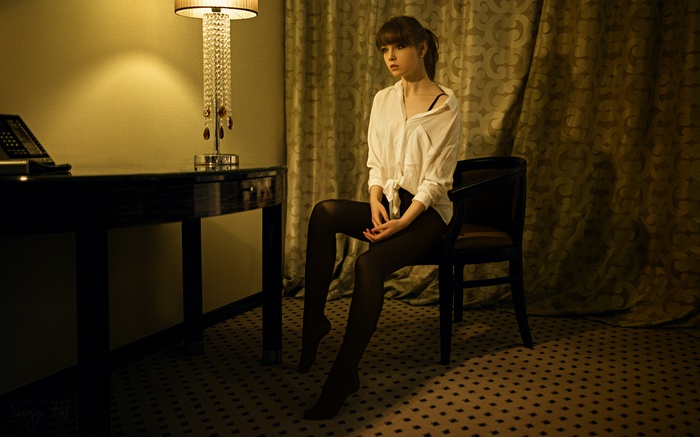 pantyhose, model, women, Olya Pushkina, lamp, 500px, sitting, Sergey Fat, chair