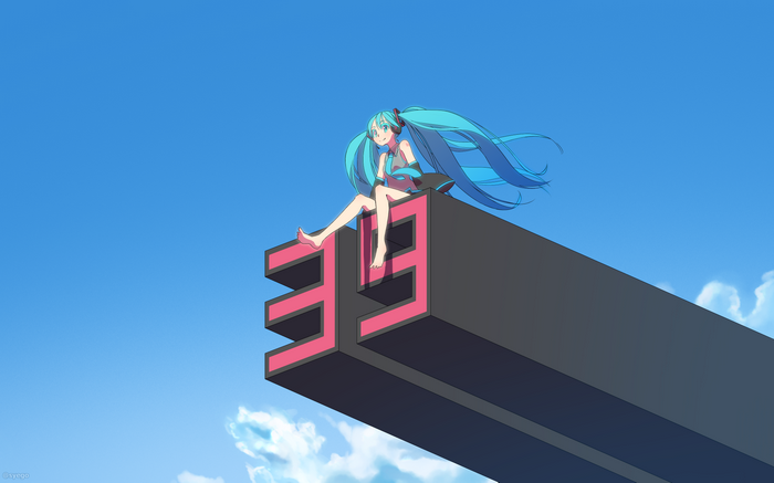 long hair, tie, aqua eyes, bare shoulders, anime, aqua hair, barefoot, Hatsune Miku, smiling, sky, clouds, twintails, wind, Vocaloid, looking into the distance, syego, anime girls