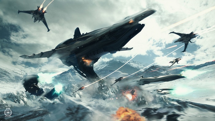 Star Citizen: Spaceship Battle Over Snowy Mountains