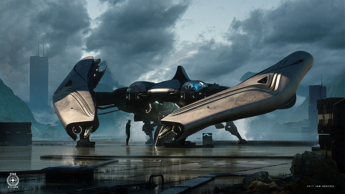 Spaceship on a landing pad with futuristic city in background