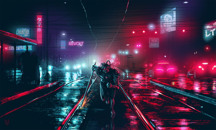 Cyberpunk Cityscape with Running Figure and Neon Lights