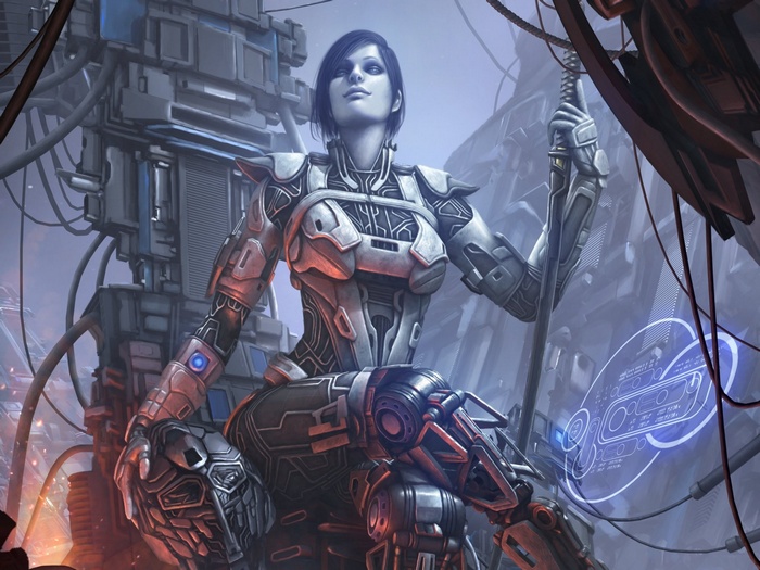 Cyborg woman in futuristic armor holding a weapon