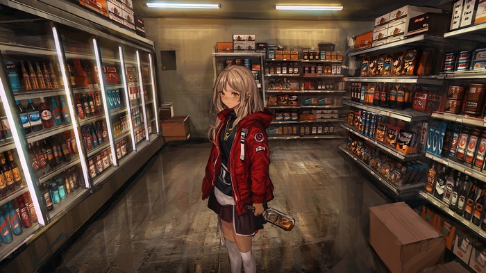 Anime girl in a convenience store holding a bottle