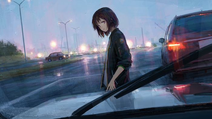 Anime girl in the rain on a city street at night