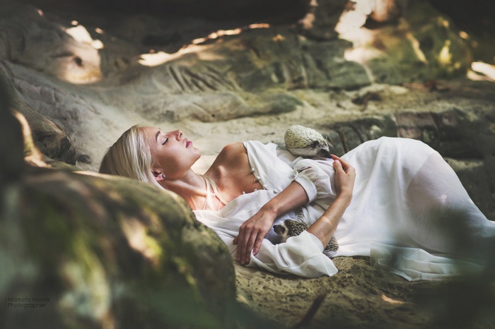 Woman with hedgehogs lying on rocks
