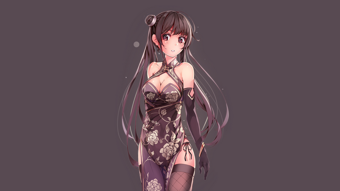 Brunette anime girl in Chinese dress with gloves and thigh-highs
