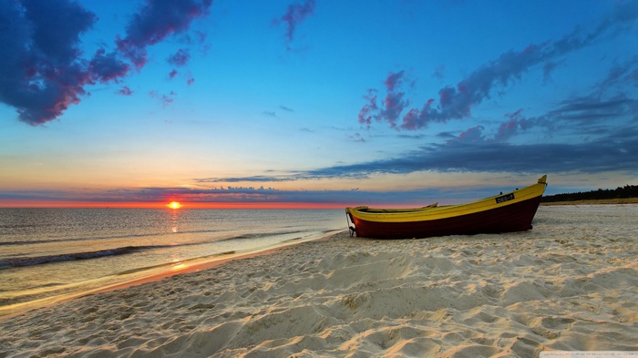 landscape, beach, sunset, boat