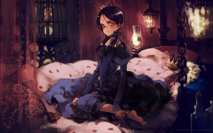 Girl in a dark dress with a crown on a bed