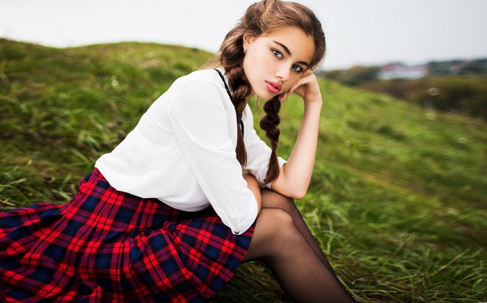 women outdoors, skirt, depth of field, braids, portrait, field, pantyhose, blue eyes, Vitaly Plyaskin, bokeh, women, face, juicy lips, white shirt, brunette