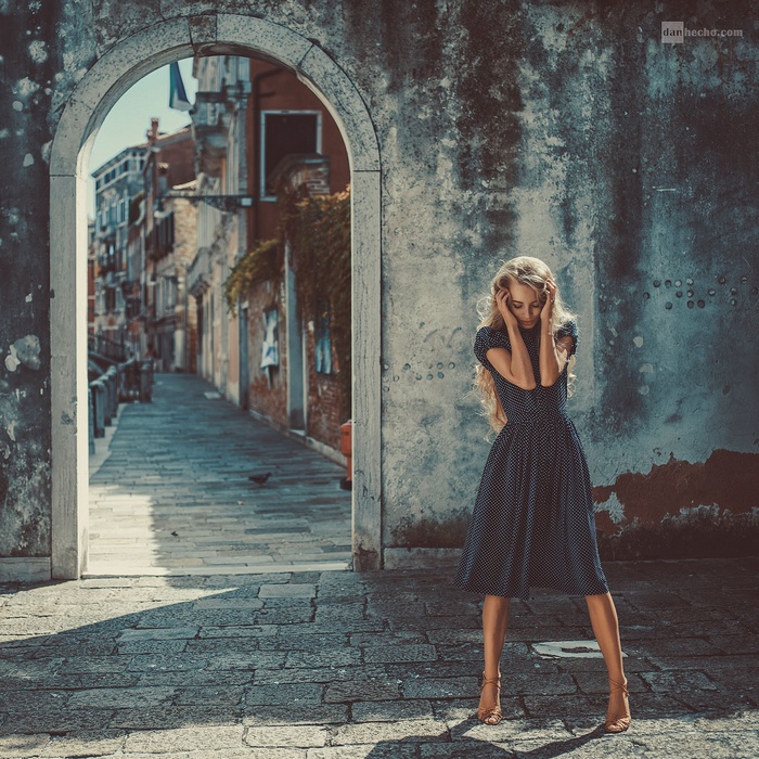 Woman in polka dot dress in Venice