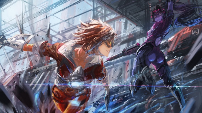 Tracer and Widowmaker from Overwatch in a battle