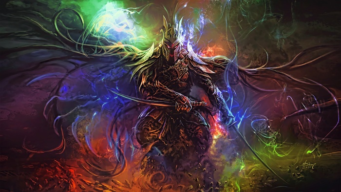 Fantasy warrior with swords and colorful energy