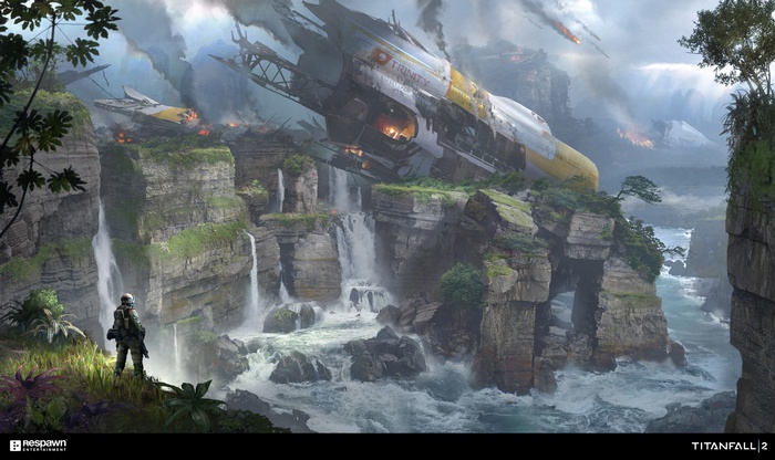 Titanfall 2 crashed spaceship in a jungle canyon