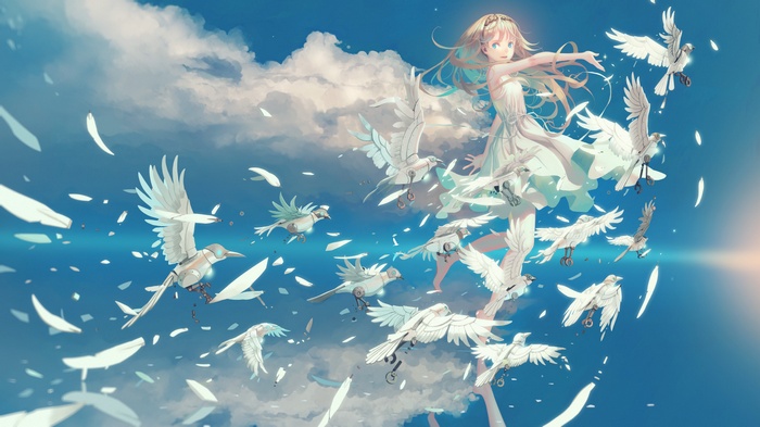 Girl with mechanical birds in the sky